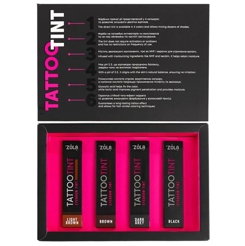 Zola Набір фарб TATTOO TINT Light Brown, Brown, Dark Grey, Black 15 мл, купити в інтернет магазині Beauty Home онлайн з доставкою