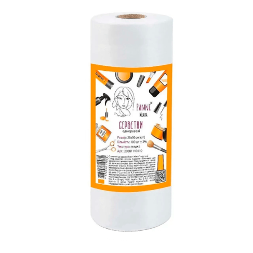 Серветки в рулоні Panni Mlada™ 25х30 см Серветки в рулоні Panni Mlada™ 25х30 см (100 шт/рул) зі спанлейсу 40 г/м2 Текстура: гладка